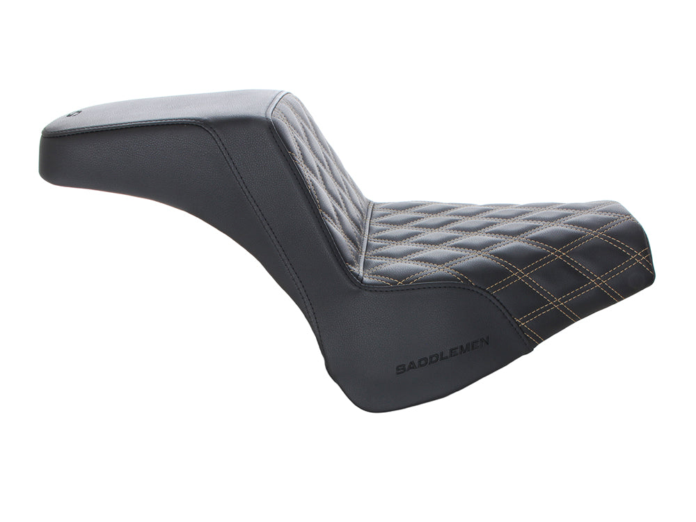 Step-Up LS Dual Seat with Gold Double Diamond Lattice Stitch. Fits Fat Bob 2018-2024