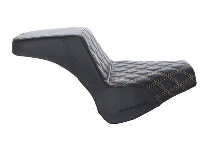 Step-Up LS Dual Seat with Gold Double Diamond Lattice Stitch. Fits Fat Bob 2018-2024