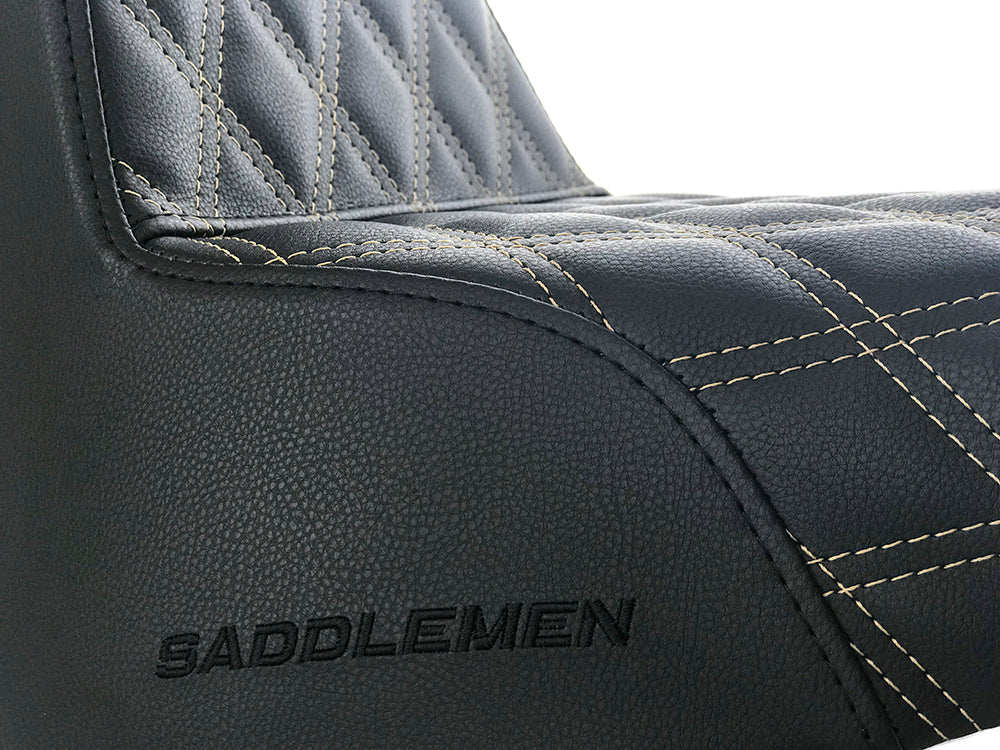 Step-Up LS Dual Seat with Gold Double Diamond Lattice Stitch. Fits Fat Bob 2018-2024