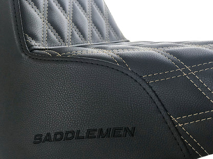 Step-Up LS Dual Seat with Gold Double Diamond Lattice Stitch. Fits Fat Bob 2018-2024