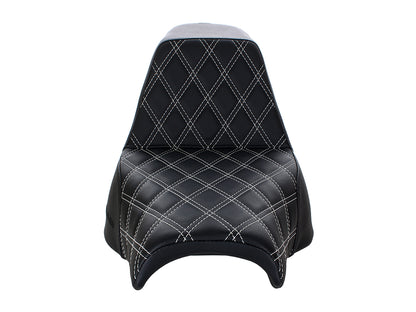 Step-Up LS Dual Seat with White Double Diamond Lattice Stitch. Fits Fat Bob 2018-2024