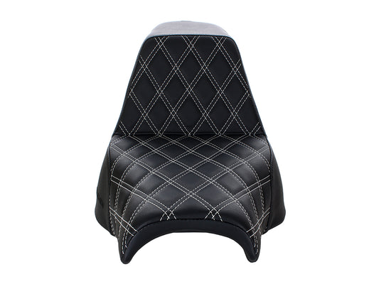 Step-Up LS Dual Seat with White Double Diamond Lattice Stitch. Fits Fat Bob 2018-2024