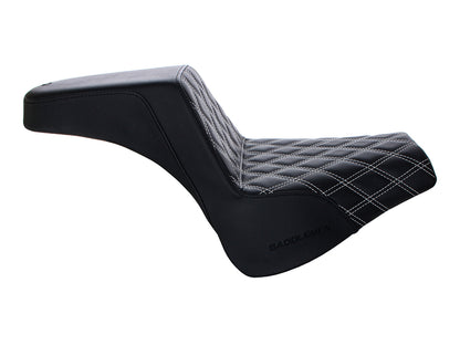 Step-Up LS Dual Seat with White Double Diamond Lattice Stitch. Fits Fat Bob 2018-2024