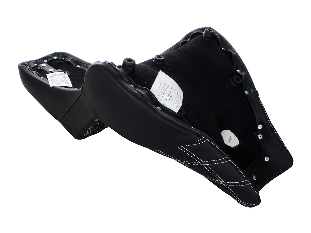 Step-Up LS Dual Seat with White Double Diamond Lattice Stitch. Fits Fat Bob 2018-2024
