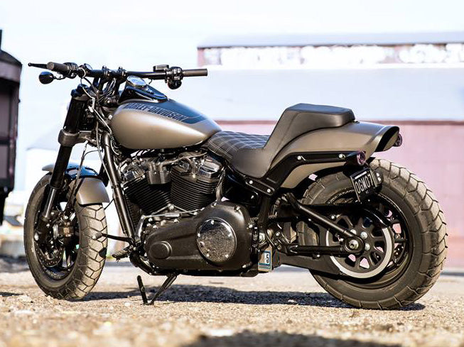 Step-Up LS Dual Seat with White Double Diamond Lattice Stitch. Fits Fat Bob 2018-2024