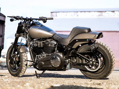 Step-Up LS Dual Seat with White Double Diamond Lattice Stitch. Fits Fat Bob 2018-2024