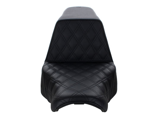 Step-Up LS Dual Seat with Black Double Diamond Lattice Stitch. Fits Sport Glide & Low Rider 2018up, Low Rider S 2020up & Low Rider ST 2022up.