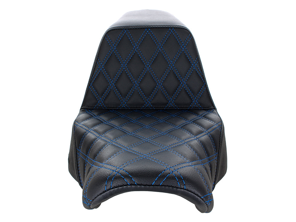 Step-Up LS Dual Seat with Blue Double Diamond Lattice Stitch. Fits Sport Glide & Low Rider 2018up, Low Rider S 2020up & Low Rider ST 2022up.