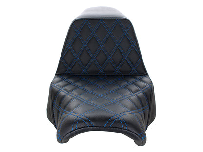 Step-Up LS Dual Seat with Blue Double Diamond Lattice Stitch. Fits Sport Glide & Low Rider 2018up, Low Rider S 2020up & Low Rider ST 2022up.