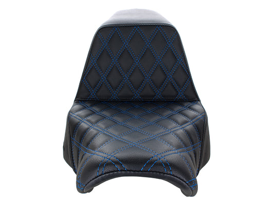 Step-Up LS Dual Seat with Blue Double Diamond Lattice Stitch. Fits Sport Glide & Low Rider 2018up, Low Rider S 2020up & Low Rider ST 2022up.