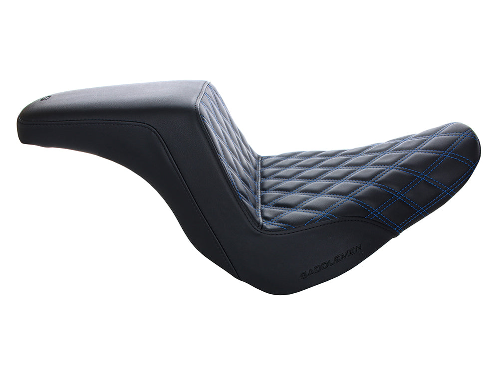 Step-Up LS Dual Seat with Blue Double Diamond Lattice Stitch. Fits Sport Glide & Low Rider 2018up, Low Rider S 2020up & Low Rider ST 2022up.