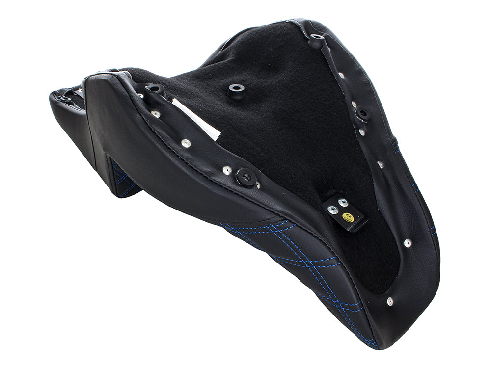 Step-Up LS Dual Seat with Blue Double Diamond Lattice Stitch. Fits Sport Glide & Low Rider 2018up, Low Rider S 2020up & Low Rider ST 2022up.