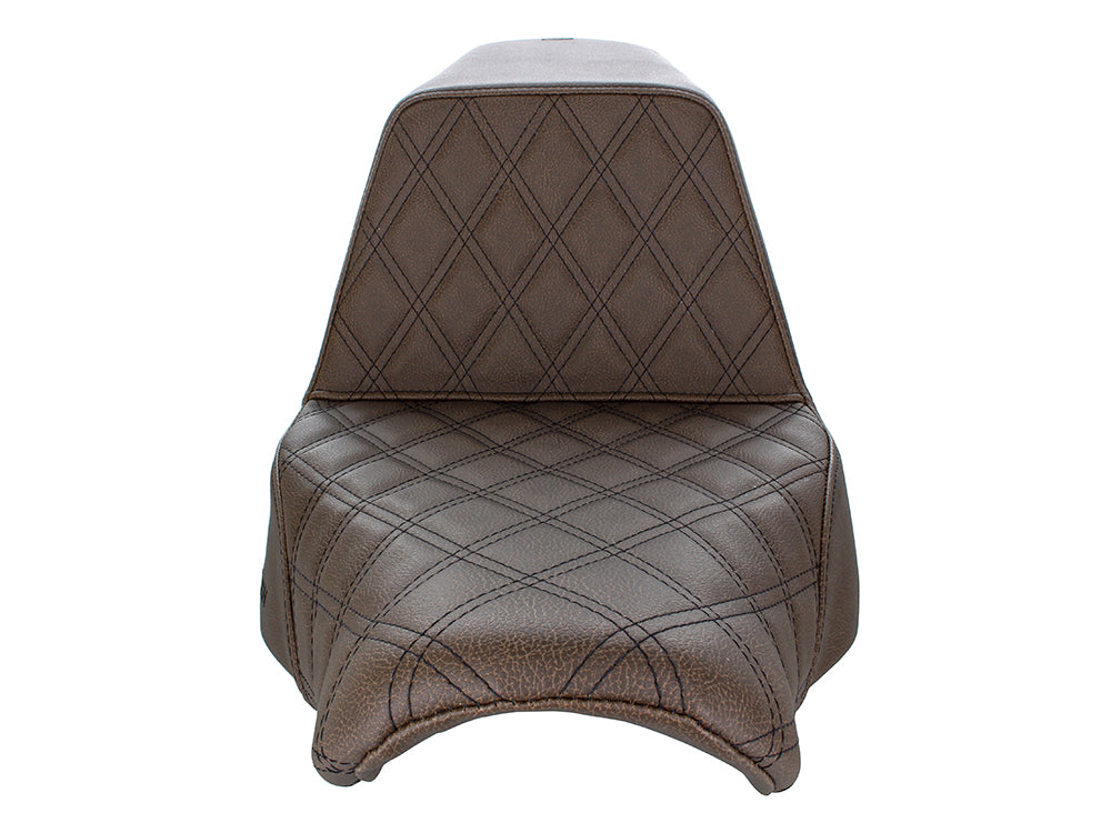 Brown Step-Up LS Dual Seat with Black Double Diamond Lattice Stitch. Fits Sport Glide & Low Rider 2018up, Low Rider S 2020up & Low Rider ST 2022up.