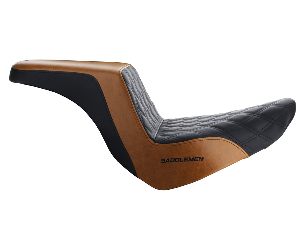 Custom Black & Brown Step-Up LS Dual Seat with Black Double Diamond Lattice Stitch. Fits Sport Glide & Low Rider 2018up, Low Rider S 2020up & Low Rider ST 2022up.