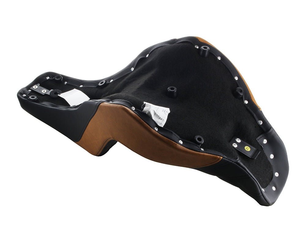 Custom Black & Brown Step-Up LS Dual Seat with Black Double Diamond Lattice Stitch. Fits Sport Glide & Low Rider 2018up, Low Rider S 2020up & Low Rider ST 2022up.