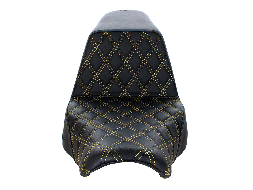 Step-Up LS Dual Seat with Gold Double Diamond Lattice Stitch. Fits Sport Glide & Low Rider 2018up, Low Rider S 2020up & Low Rider ST 2022up.