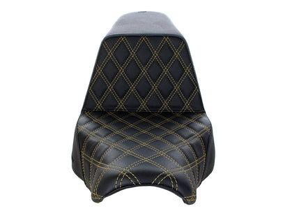 Step-Up LS Dual Seat with Gold Double Diamond Lattice Stitch. Fits Sport Glide & Low Rider 2018up, Low Rider S 2020up & Low Rider ST 2022up.
