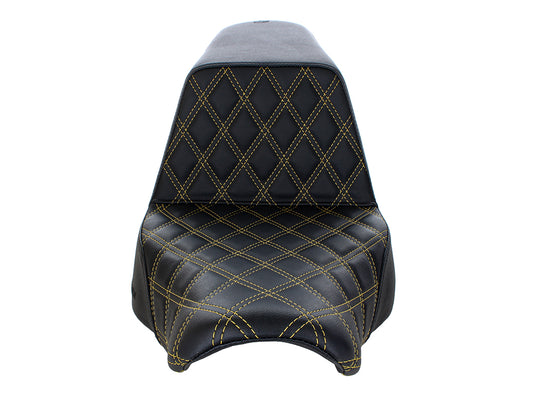 Step-Up LS Dual Seat with Gold Double Diamond Lattice Stitch. Fits Sport Glide & Low Rider 2018up, Low Rider S 2020up & Low Rider ST 2022up.