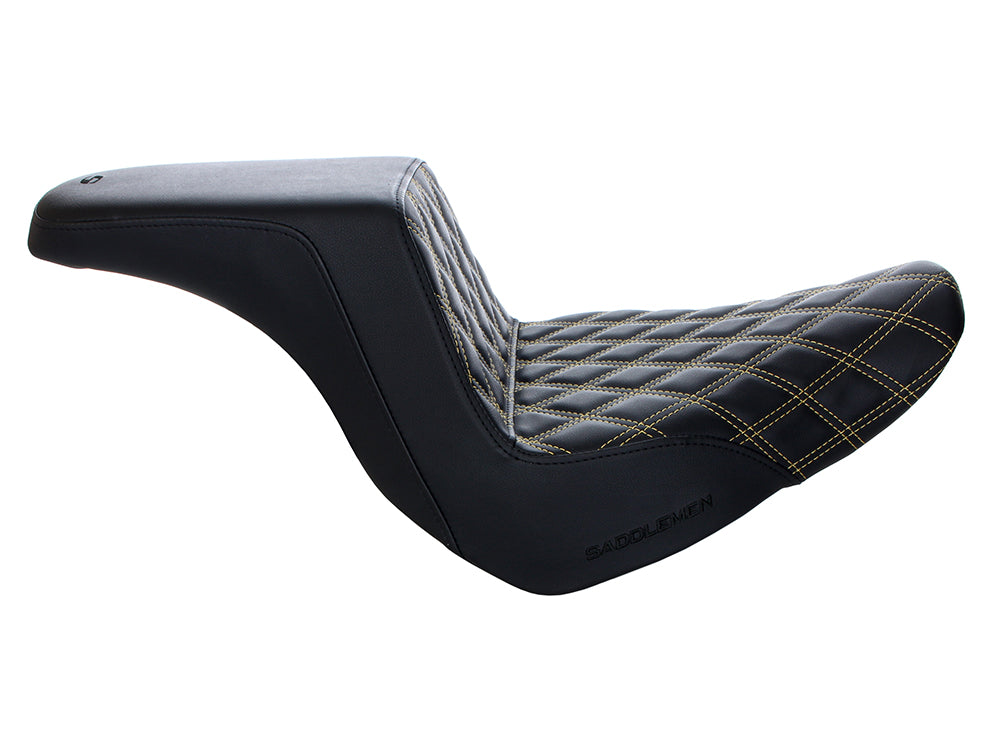 Step-Up LS Dual Seat with Gold Double Diamond Lattice Stitch. Fits Sport Glide & Low Rider 2018up, Low Rider S 2020up & Low Rider ST 2022up.