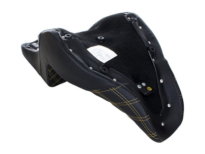 Step-Up LS Dual Seat with Gold Double Diamond Lattice Stitch. Fits Sport Glide & Low Rider 2018up, Low Rider S 2020up & Low Rider ST 2022up.