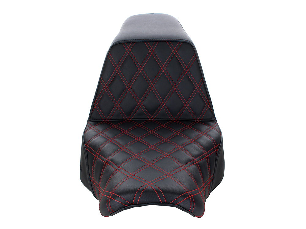 Step-Up LS Dual Seat with Red Double Diamond Lattice Stitch. Fits Sport Glide & Low Rider 2018up, Low Rider S 2020up & Low Rider ST 2022up.