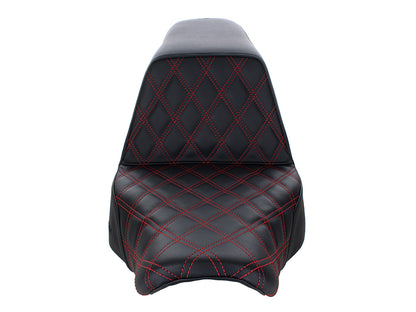 Step-Up LS Dual Seat with Red Double Diamond Lattice Stitch. Fits Sport Glide & Low Rider 2018up, Low Rider S 2020up & Low Rider ST 2022up.
