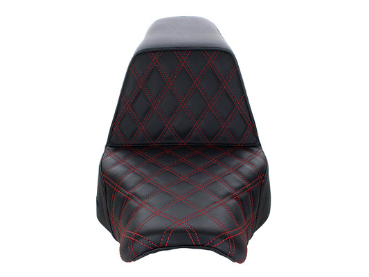 Step-Up LS Dual Seat with Red Double Diamond Lattice Stitch. Fits Sport Glide & Low Rider 2018up, Low Rider S 2020up & Low Rider ST 2022up.