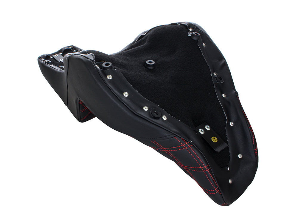 Step-Up LS Dual Seat with Red Double Diamond Lattice Stitch. Fits Sport Glide & Low Rider 2018up, Low Rider S 2020up & Low Rider ST 2022up.