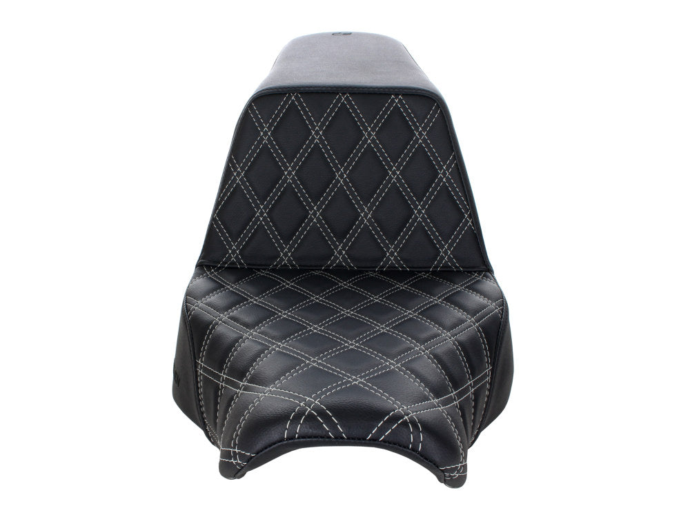 Step-Up LS Dual Seat with Silver Double Diamond Lattice Stitch. Fits Sport Glide & Low Rider 2018up, Low Rider S 2020up & Low Rider ST 2022up.