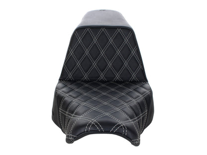 Step-Up LS Dual Seat with Silver Double Diamond Lattice Stitch. Fits Sport Glide & Low Rider 2018up, Low Rider S 2020up & Low Rider ST 2022up.