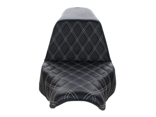 Step-Up LS Dual Seat with Silver Double Diamond Lattice Stitch. Fits Sport Glide & Low Rider 2018up, Low Rider S 2020up & Low Rider ST 2022up.