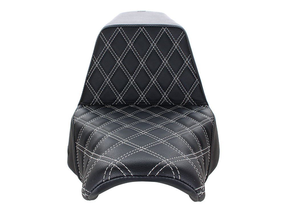 Step-Up LS Dual Seat with White Double Diamond Lattice Stitch. Fits Sport Glide & Low Rider 2018up, Low Rider S 2020up & Low Rider ST 2022up.