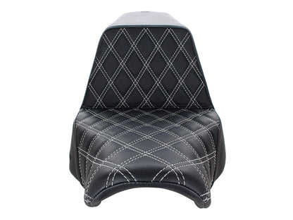 Step-Up LS Dual Seat with White Double Diamond Lattice Stitch. Fits Sport Glide & Low Rider 2018up, Low Rider S 2020up & Low Rider ST 2022up.