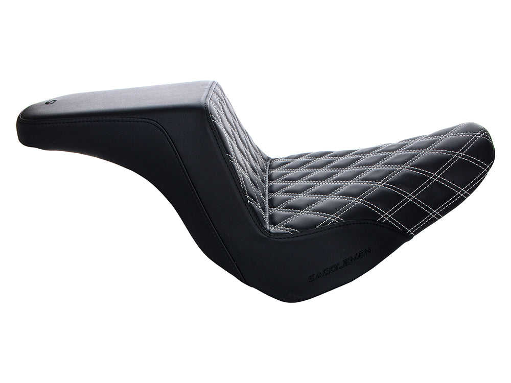 Step-Up LS Dual Seat with White Double Diamond Lattice Stitch. Fits Sport Glide & Low Rider 2018up, Low Rider S 2020up & Low Rider ST 2022up.