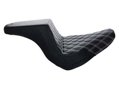 Step-Up LS Dual Seat with White Double Diamond Lattice Stitch. Fits Sport Glide & Low Rider 2018up, Low Rider S 2020up & Low Rider ST 2022up.