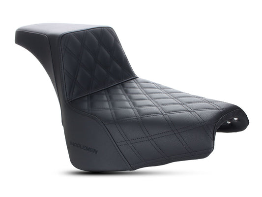Step-Up LS Dual Seat with Black Double Diamond Lattice Stitch. Fits Softail Street Bob 2018up & Standard 2020up.