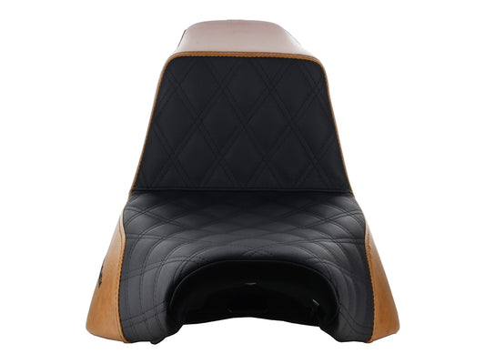 Custom Black & Brown Step-Up LS Dual Seat with Black Double Diamond Lattice Stitch. Fits Softail Street Bob 2018up & Standard 2020up.