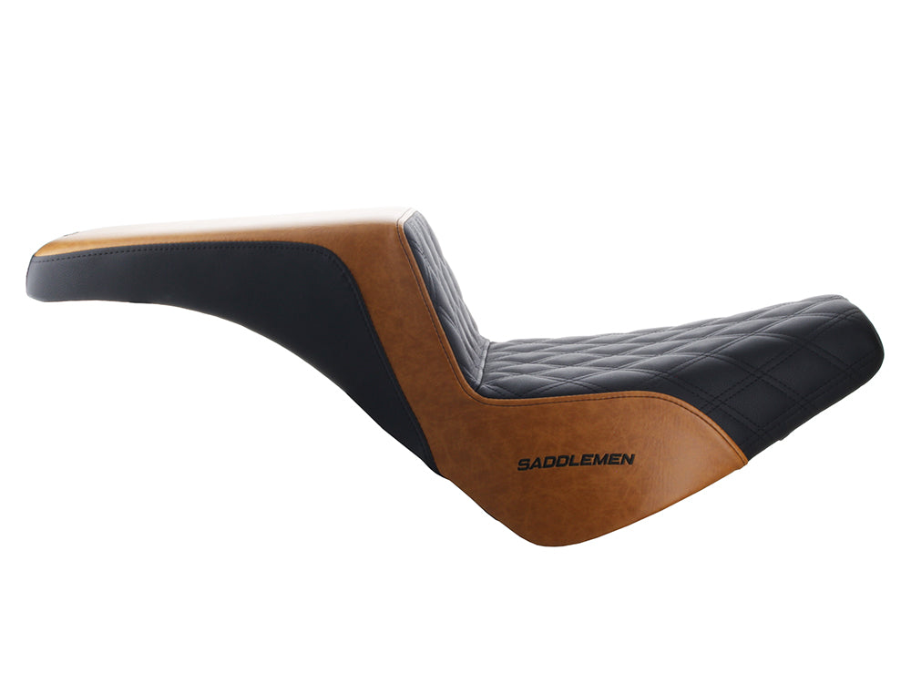 Custom Black & Brown Step-Up LS Dual Seat with Black Double Diamond Lattice Stitch. Fits Softail Street Bob 2018up & Standard 2020up.