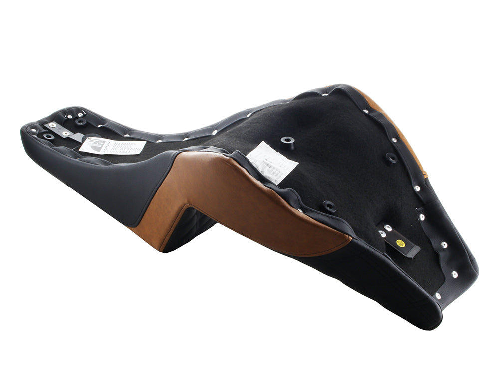 Custom Black & Brown Step-Up LS Dual Seat with Black Double Diamond Lattice Stitch. Fits Softail Street Bob 2018up & Standard 2020up.