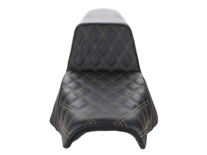 Step-Up LS Dual Seat with Gold Double Diamond Lattice Stitch. Fits Softail Street Bob 2018up & Standard 2020up.