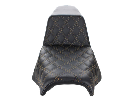 Step-Up LS Dual Seat with Gold Double Diamond Lattice Stitch. Fits Softail Street Bob 2018up & Standard 2020up.