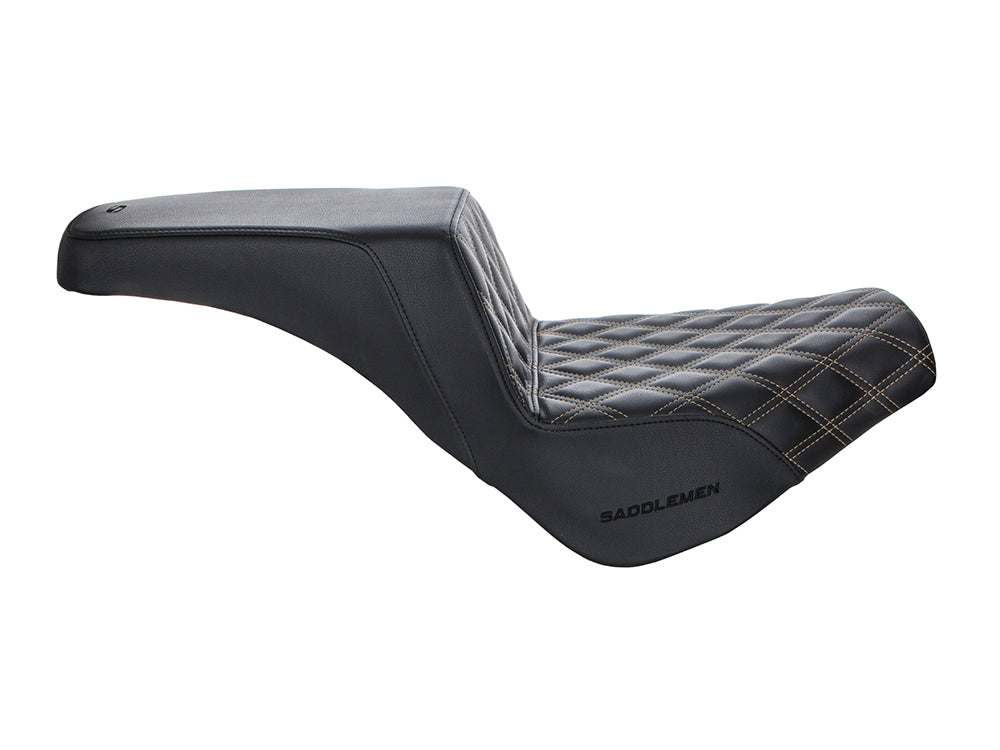 Step-Up LS Dual Seat with Gold Double Diamond Lattice Stitch. Fits Softail Street Bob 2018up & Standard 2020up.