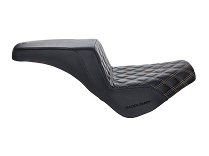 Step-Up LS Dual Seat with Gold Double Diamond Lattice Stitch. Fits Softail Street Bob 2018up & Standard 2020up.