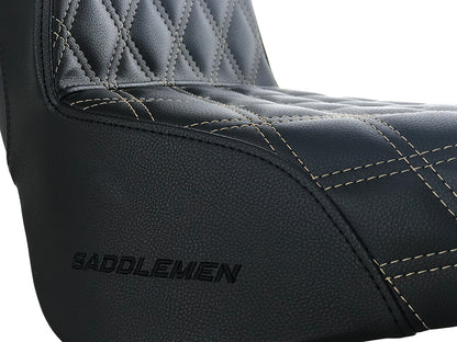Step-Up LS Dual Seat with Gold Double Diamond Lattice Stitch. Fits Softail Street Bob 2018up & Standard 2020up.