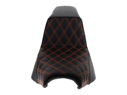 Step-Up LS Dual Seat with Orange Double Diamond Lattice Stitch. Fits Softail Street Bob 2018up & Standard 2020up.