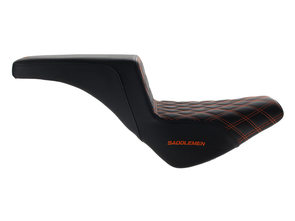 Step-Up LS Dual Seat with Orange Double Diamond Lattice Stitch. Fits Softail Street Bob 2018up & Standard 2020up.