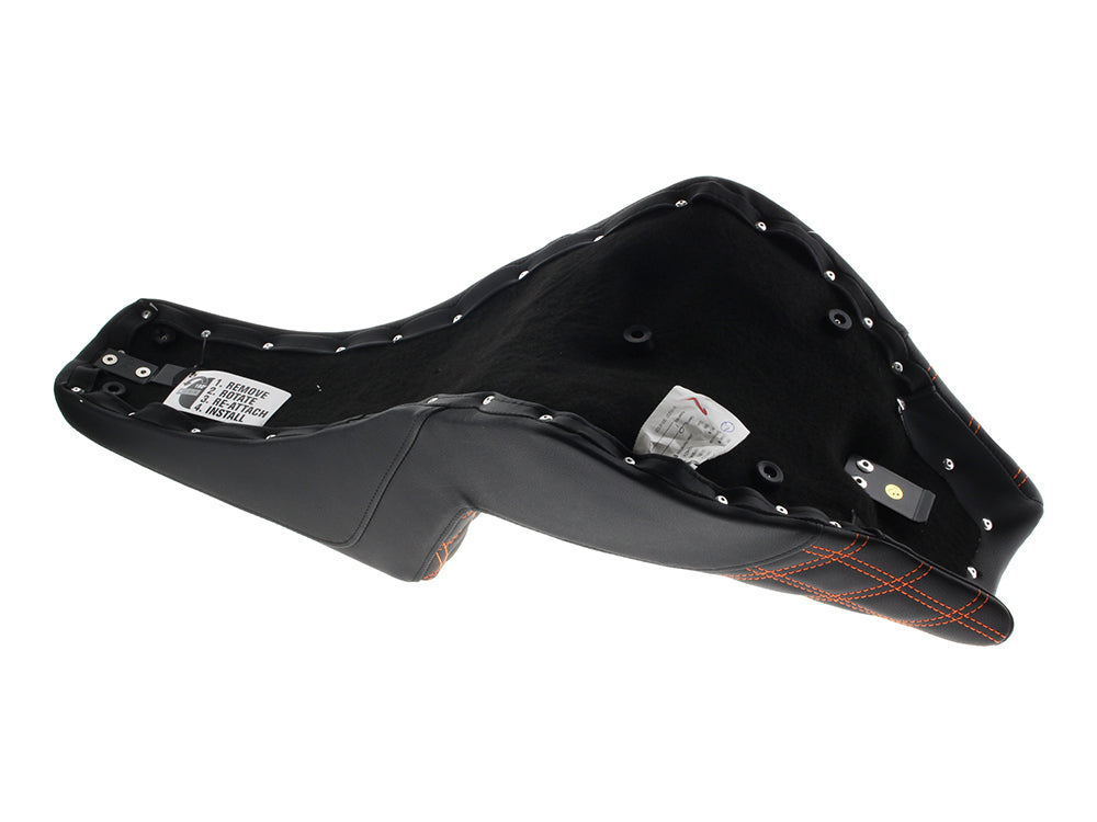 Step-Up LS Dual Seat with Orange Double Diamond Lattice Stitch. Fits Softail Street Bob 2018up & Standard 2020up.