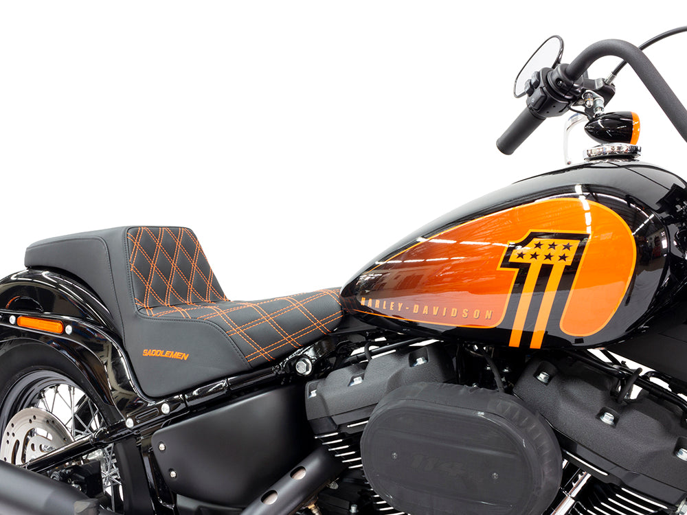 Step-Up LS Dual Seat with Orange Double Diamond Lattice Stitch. Fits Softail Street Bob 2018up & Standard 2020up.