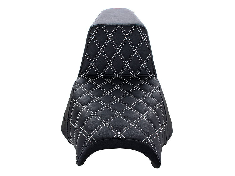 Step-Up LS Dual Seat with White Double Diamond Lattice Stitch. Fits Softail Street Bob 2018up & Standard 2020up.