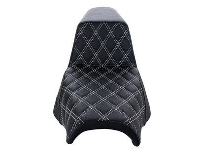 Step-Up LS Dual Seat with White Double Diamond Lattice Stitch. Fits Softail Street Bob 2018up & Standard 2020up.